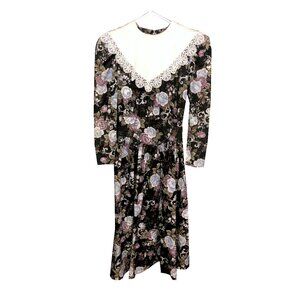 VTG Jessica McClintock Gunne Sak Black Print Fitted Dress Size Small